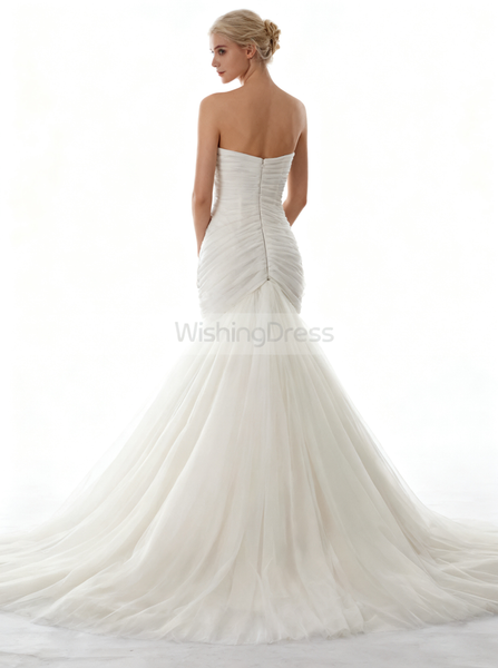 Ivory Wedding Dress,Tulle Wedding Dress,Strapless Bridal Dress,Mermaid Pleated Wedding Gown,WD00050