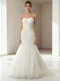 Ivory Wedding Dress,Tulle Wedding Dress,Strapless Bridal Dress,Mermaid Pleated Wedding Gown,WD00050