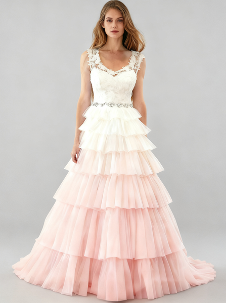 Light Pink Gradient Wedding Dress,Aline Wedding Dresses,Ruffled Wedding Dress,WD00087