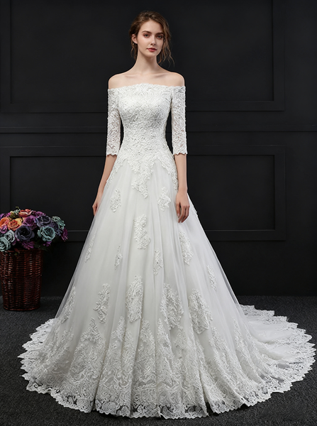 Princess Wedding Dress,Off the Shoulder Wedding Dress,Bridal Dress with Sleeves,WD00142