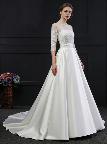 Princess Wedding Dresses,Satin Wedding Dress,Wedding Dress with Sleeves,Aline Wedding Dress,WD00144