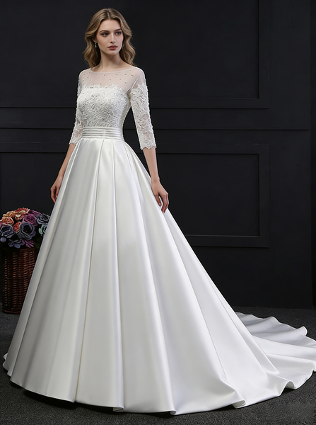Princess Wedding Dresses,Satin Wedding Dress,Wedding Dress with Sleeves,Aline Wedding Dress,WD00144