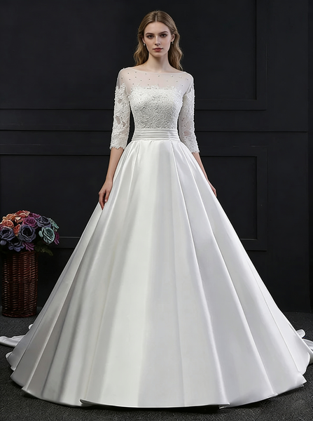 Princess Wedding Dresses,Satin Wedding Dress,Wedding Dress with Sleeves,Aline Wedding Dress,WD00144