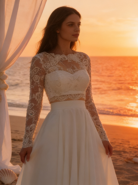 Two Piece Wedding Dresses,Wedding Dress with Sleeves,Long Wedding Dress,WD00206