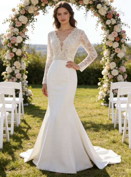 Mermaid Wedding Dresses,Wedding Dress with Long Sleeves,Romantic Wedding Dress,WD00249
