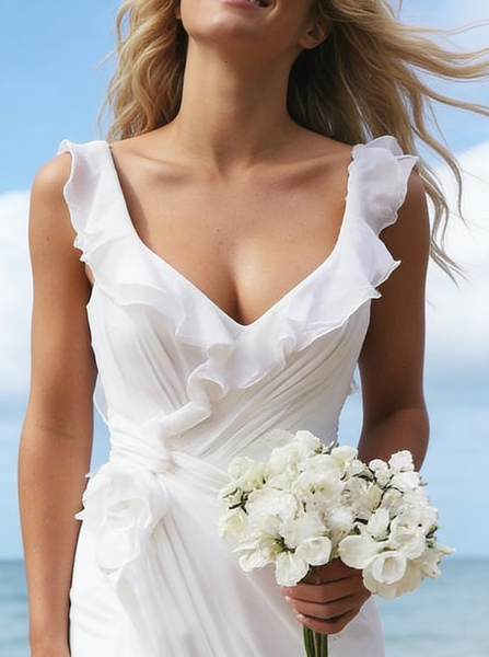 Beach Wedding Dresses,Bridal Dress with Train,Chiffon Wedding Dress,Ruffled Bridal Dress,WD00242