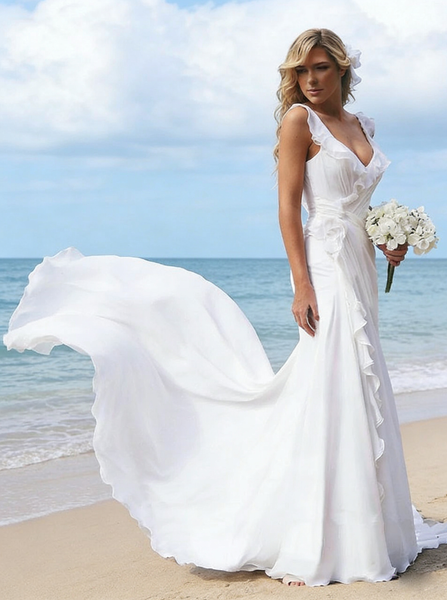Beach Wedding Dresses,Bridal Dress with Train,Chiffon Wedding Dress,Ruffled Bridal Dress,WD00242