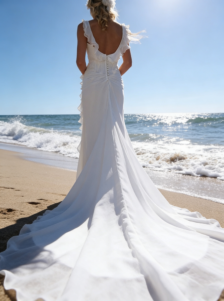 Beach Wedding Dresses,Bridal Dress with Train,Chiffon Wedding Dress,Ruffled Bridal Dress,WD00242