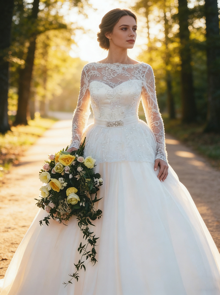Ball Gown Wedding Dress with Sleeves,Romantic Wedding Dress,Illusion Back Wedding Dress,WD00215