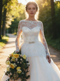 Ball Gown Wedding Dress with Sleeves,Romantic Wedding Dress,Illusion Back Wedding Dress,WD00215