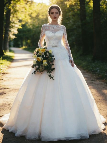 Ball Gown Wedding Dress with Sleeves,Romantic Wedding Dress,Illusion Back Wedding Dress,WD00215