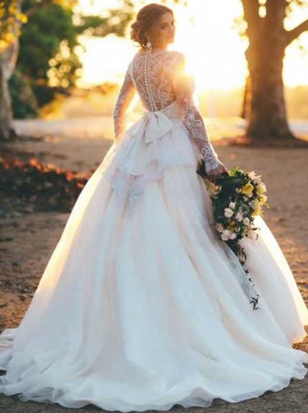 Ball Gown Wedding Dress with Sleeves,Romantic Wedding Dress,Illusion Back Wedding Dress,WD00215