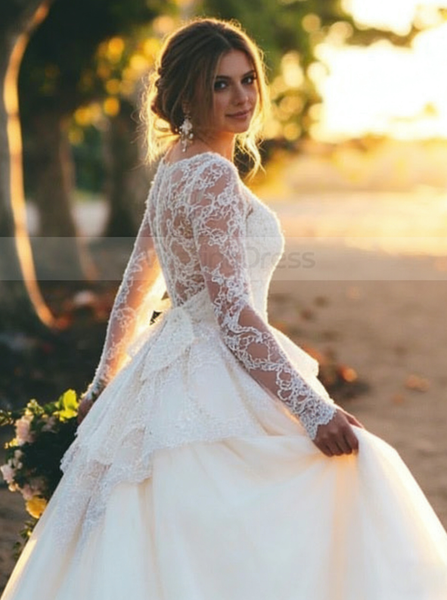 Ball Gown Wedding Dress with Sleeves,Romantic Wedding Dress,Illusion Back Wedding Dress,WD00215