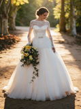 Ball Gown Wedding Dress with Sleeves,Romantic Wedding Dress,Illusion Back Wedding Dress,WD00215
