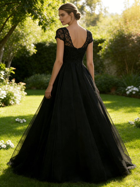 Black Wedding Gowns,Cap Sleeve Wedding Dress,Classic Wedding Dress,Pregnant Wedding Dress,WD00227