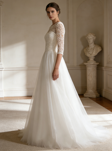 Modest Wedding Dresses,Wedding Dress with Sleeves,Aline Wedding Dress,WD00257