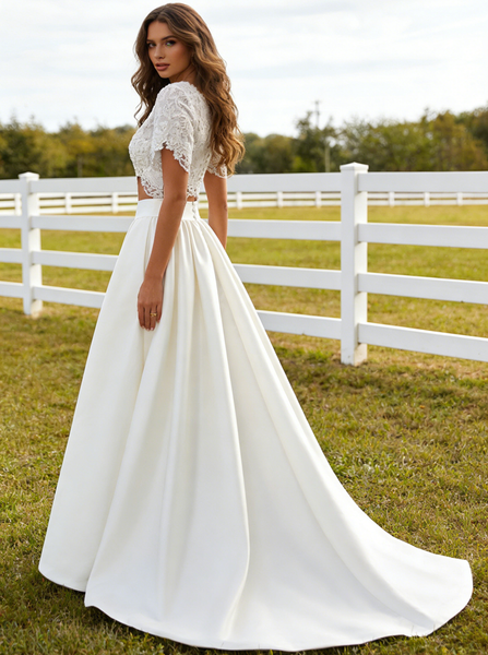 Two Piece Bridal Gown,Satin Bridal Gown,Wedding Dress with Sleeves,WD00231