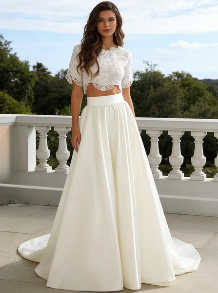 Two Piece Bridal Gown,Satin Bridal Gown,Wedding Dress with Sleeves,WD00231