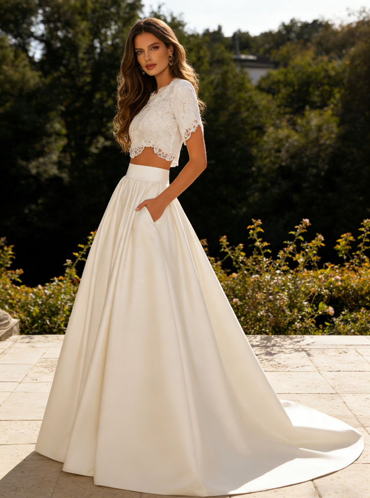 Two Piece Bridal Gown,Satin Bridal Gown,Wedding Dress with Sleeves,WD00231, US4 / Champagne Two Piece Bridal Gown,Satin Bridal Gown,Wedding Dress with Sleeves,WD00231, US4 / Champagne