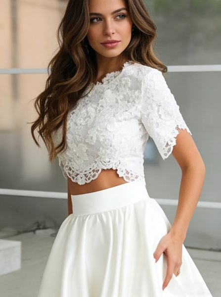 Two Piece Bridal Gown,Satin Bridal Gown,Wedding Dress with Sleeves,WD00231