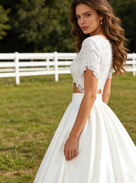 Two Piece Bridal Gown,Satin Bridal Gown,Wedding Dress with Sleeves,WD00231