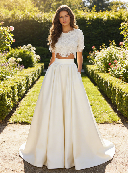 Two Piece Bridal Gown,Satin Bridal Gown,Wedding Dress with Sleeves,WD00231