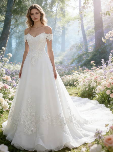 Classic Wedding Dresses with Train, Off the Shoulder Bridal Dress,Corset Wedding Dress,WD00310