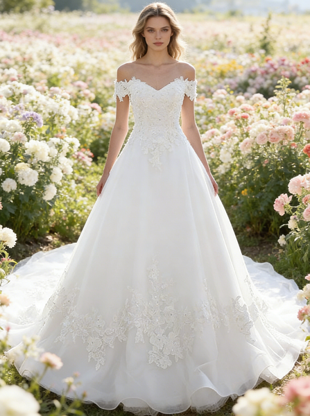 Classic Wedding Dresses with Train, Off the Shoulder Bridal Dress,Corset Wedding Dress,WD00310