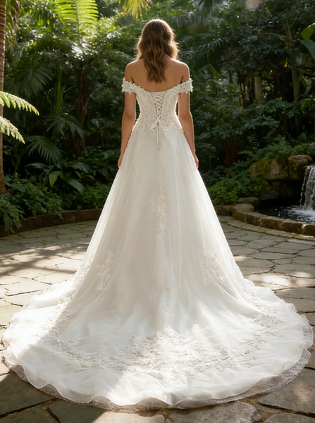 Classic Wedding Dresses with Train, Off the Shoulder Bridal Dress,Corset Wedding Dress,WD00310