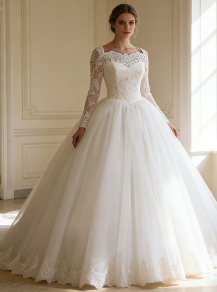 Princess Ball Gown Wedding Dress with Sleeves,Classic Wedding Gown,WD00339