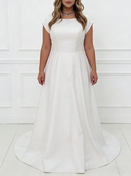 A-line Plus Size Wedding Gown,Satin Plus Size Bridal Gown With Short Sleeve,WD01052
