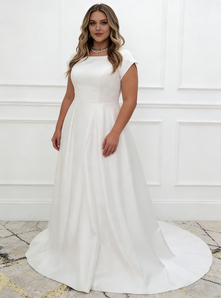 A-line Plus Size Wedding Gown,Satin Plus Size Bridal Gown With Short Sleeve,WD01052, US16 / White A-line Plus Size Wedding Gown,Satin Plus Size Bridal Gown With Short Sleeve,WD01052, US16 / White