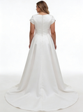 A-line Plus Size Wedding Gown,Satin Plus Size Bridal Gown With Short Sleeve,WD01052