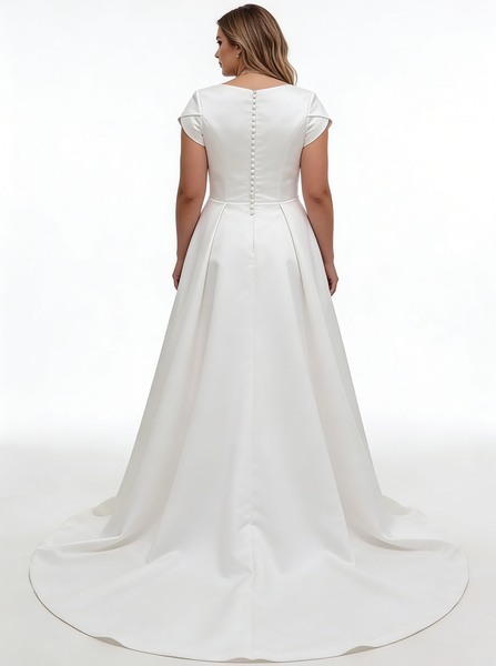 A-line Plus Size Wedding Gown,Satin Plus Size Bridal Gown With Short Sleeve,WD01052