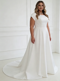 A-line Plus Size Wedding Gown,Satin Plus Size Bridal Gown With Short Sleeve,WD01052