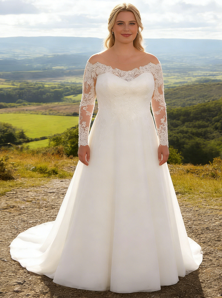 A-line Plus Size Wedding Dress with Sleeves,Illusion Neckline Plus Size Bridal Dress,WD00714