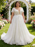 Plus Size Wedding Dress with Short Sleeves,Glitter Plus Size Bridal Dress,WD00716