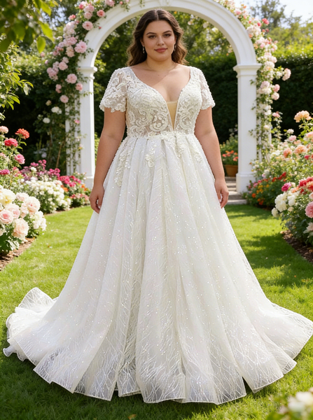 Plus Size Wedding Dress with Short Sleeves,Glitter Plus Size Bridal Dress,WD00716