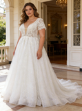 Plus Size Wedding Dress with Short Sleeves,Glitter Plus Size Bridal Dress,WD00716