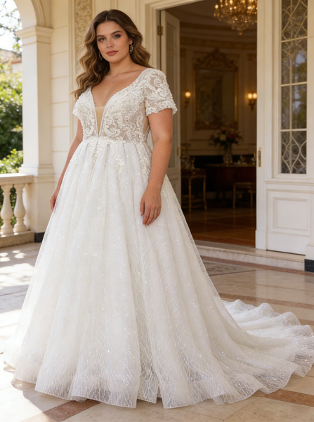 Plus Size Wedding Dress with Short Sleeves,Glitter Plus Size Bridal Dress,WD00716