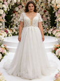 Plus Size Wedding Dress with Short Sleeves,Glitter Plus Size Bridal Dress,WD00716