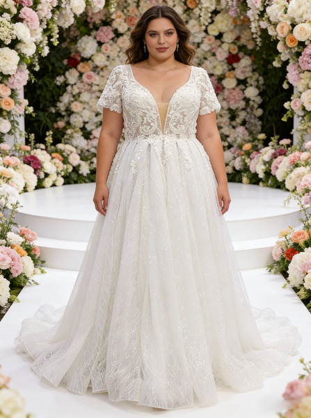 Plus Size Wedding Dress with Short Sleeves,Glitter Plus Size Bridal Dress,WD00716