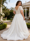 Plus Size Wedding Dress with Short Sleeves,Glitter Plus Size Bridal Dress,WD00716