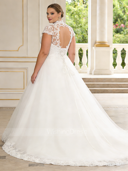 High Neck A-line Wedding Dress,Bridal Dress with Cap Sleeves,WD00582