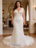 Plus Size Lace Wedding Dress,Fitted V Back Bridal Dress,WD01066