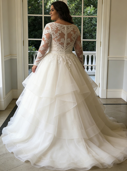 Long Sleeve Illusion Back Plus Size Wedding Dress,V-Neck Plus Size Bridal Dress,WD00717