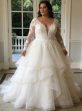 Long Sleeve Illusion Back Plus Size Wedding Dress,V-Neck Plus Size Bridal Dress,WD00717