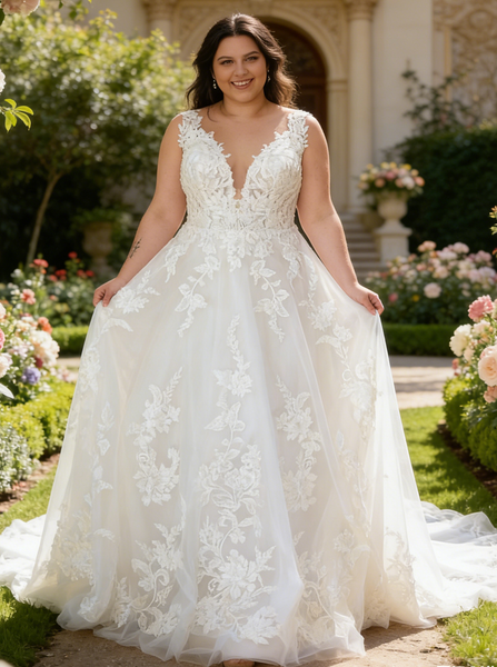 Plus Size Lace Wedding Dress,Plunging Neckline Open Back Bridal Dress,WD00679