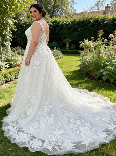Plus Size Lace Wedding Dress,Plunging Neckline Open Back Bridal Dress,WD00679