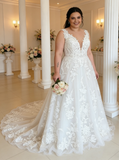 Plus Size Lace Wedding Dress,Plunging Neckline Open Back Bridal Dress,WD00679